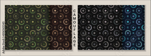 Set of camouflage polka dot seamless patterns with circular shapes. Smudged paint, grunge paint brush strokes. Fashionable geometric background for fabric, textile.