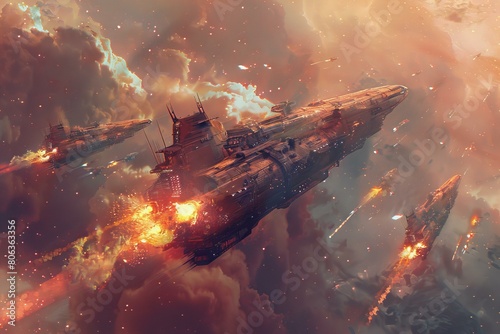 Epic Space Battle Scene with Large Ships and Explosions