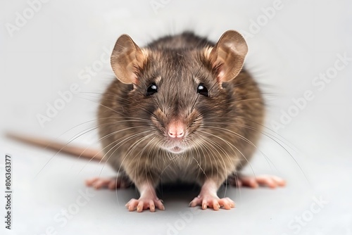 A brown rat with a long tail sits on a white surface with copy space.
