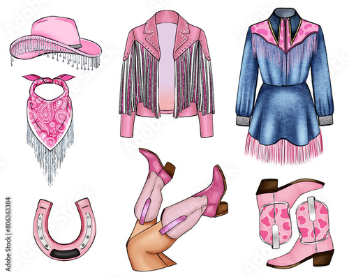 COWGIRL ILLUSTRATION PINK COQUETTE SET OF FASHION ITEMS, COWGIRL RODEO STYLE