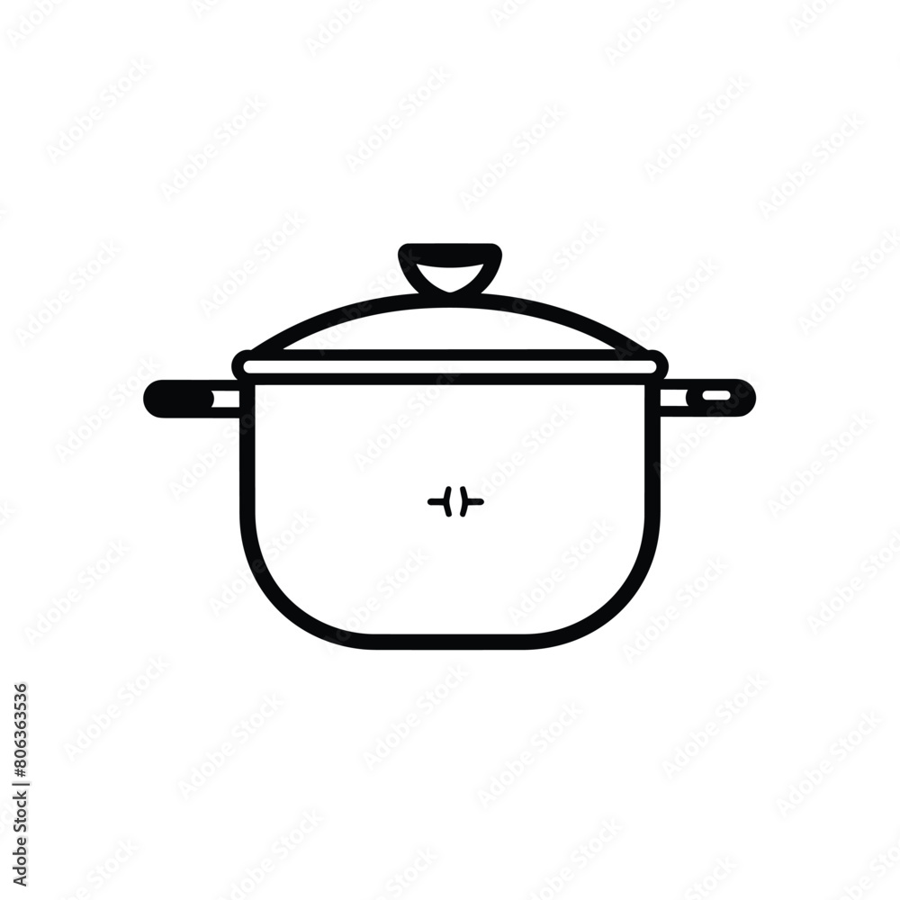 Minimalistic black and white illustration of a cooking pot with handles and a lid, perfect for culinary themes.