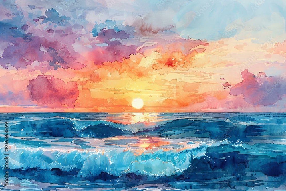 Stunning Watercolor Sunrise Over Ocean Waves with Vibrant Sky Stunning Watercolor Sunrise Over Ocean Waves with Vibrant Sky