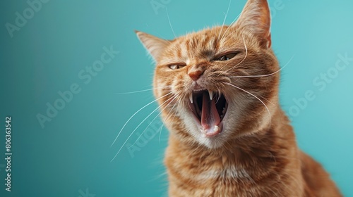 Havana Brown, angry cat baring its teeth, studio lighting pastel background
