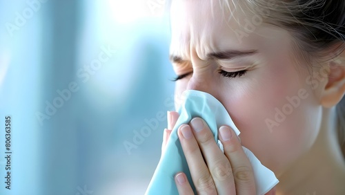 Symptoms of hay fever sneezing sniffling using handkerchief irritated eyes lively expressions. Concept Allergies, Hay Fever, Sneezing, Sniffling, Irritated Eyes photo