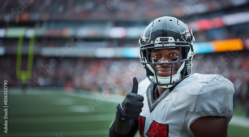 American football player in a black helmet and white uniform smiles and gives a thumbs up in the right part of the frame. There is a football field and stands with fans in the background. Copy space
