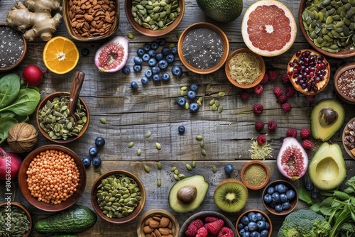 Various fruits and vegetables in bowls on the table