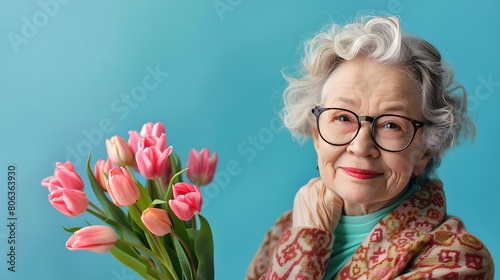 Elegant Senior Woman Holding Pink Tulips, Smiling Gently. Portrayal of Joy and Elegance in Aging. Cheerful Grandma with Flowers. AI photo