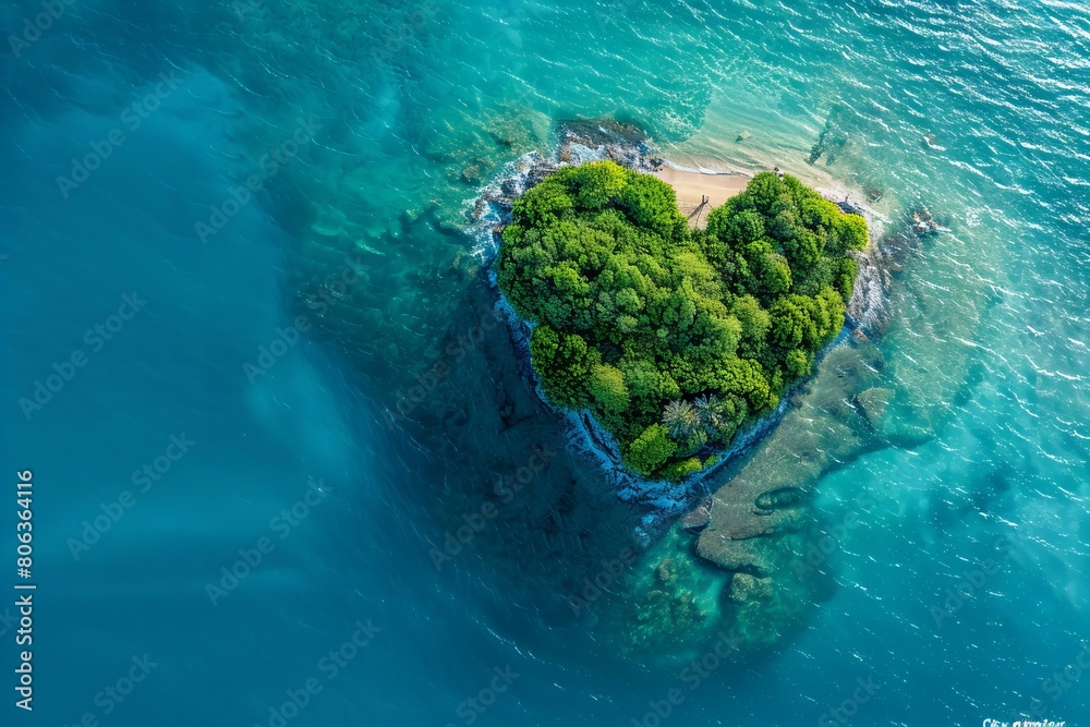 Aerial View of Heart-Shaped Tropical Island Surrounded by Blue Waters