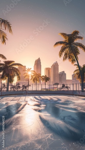 an outdoor hockey rink, in the background is the city of Tampa Bay skyline,  palm trees are in the midground, generated with AI