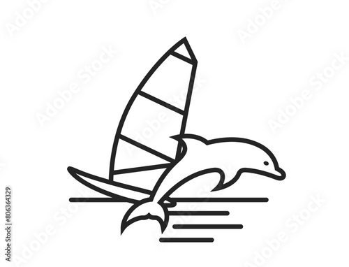 sea vacation line icon. windsurfing and dolphin. summer and water activity symbol. isolated vector image for tourism design