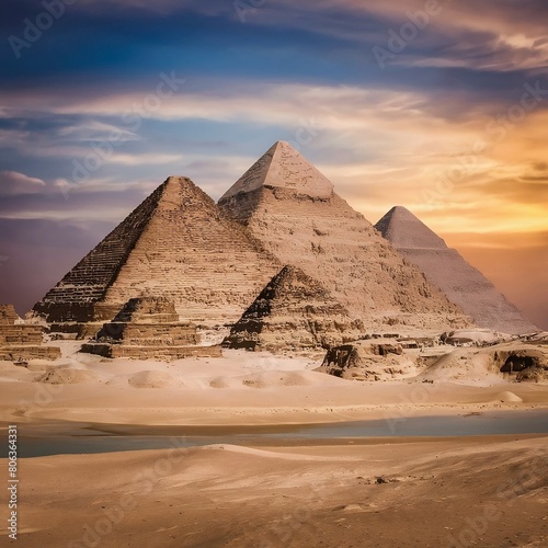 This photo shows the Pyramids of Giza in Egypt. The pyramids are surrounded by sand and appear under the bright sunlight  which gives the view a special aesthetic.