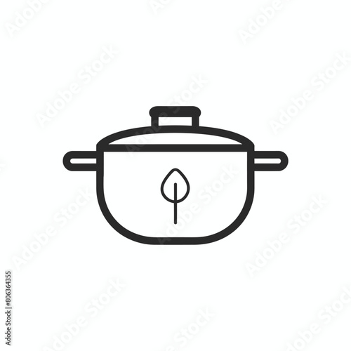 Minimalist black and white cooking pot icon with a leaf design, symbolizing eco-friendly and sustainable cooking practices.
