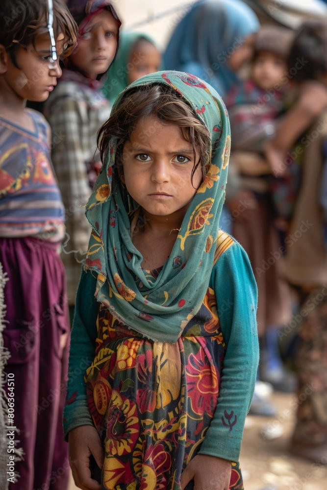 World Refugee Day, portrait of adorable small child on dangerous war lost home and parents