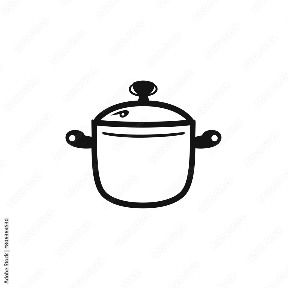 Minimalistic black and white illustration of a cooking pot with lid and handles on a white background. Minimalistic black and white illustration of a cooking pot with lid and handles on a white background.