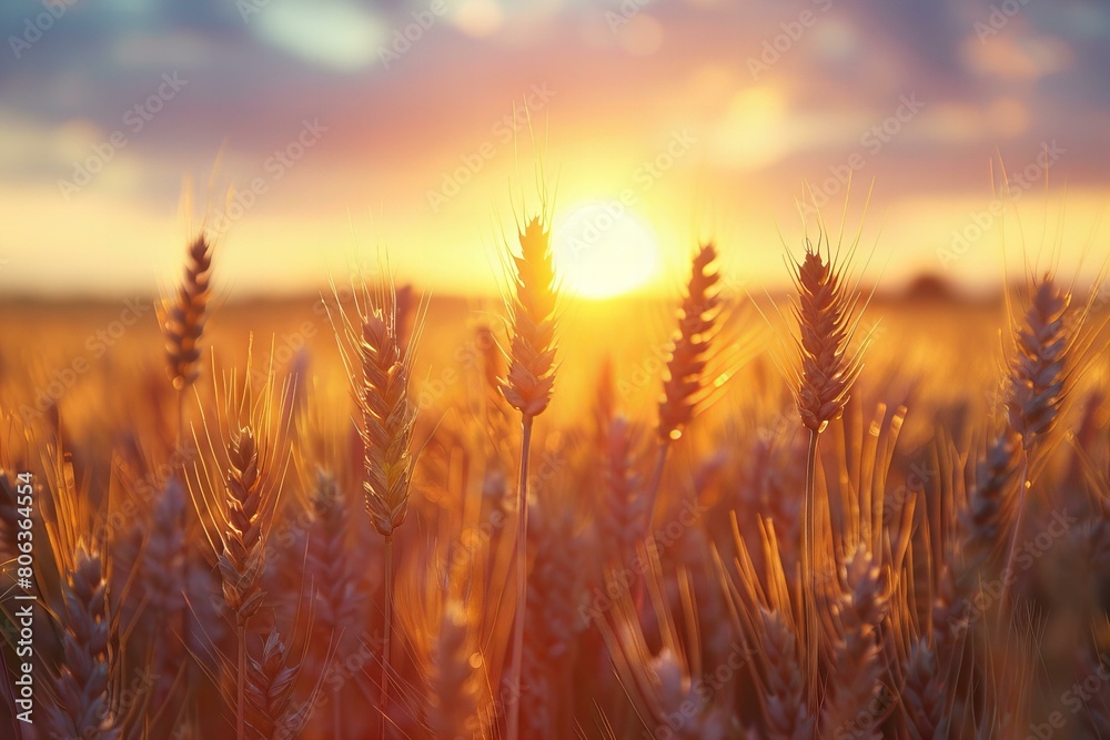 Golden Wheat Field at Sunset With Warm Glowing Sun Golden Wheat Field at Sunset With Warm Glowing Sun