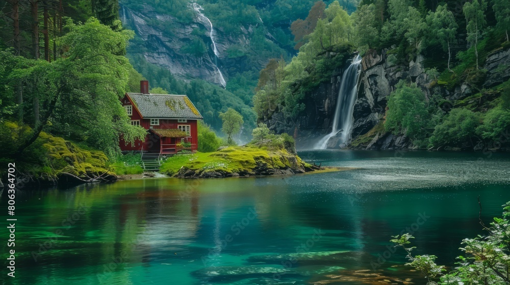 Beautiful nature scene with greenery, blue lake and red house in the background, in Norway. generated with AI