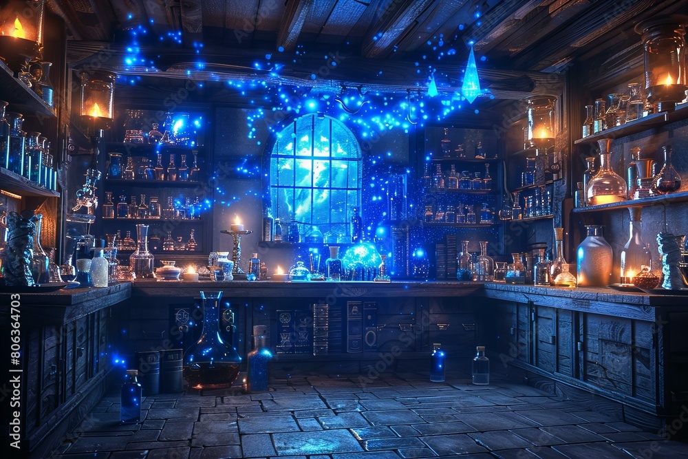 Enchanted Alchemical Laboratory with Magical Blue Lights Enchanted Alchemical Laboratory with Magical Blue Lights