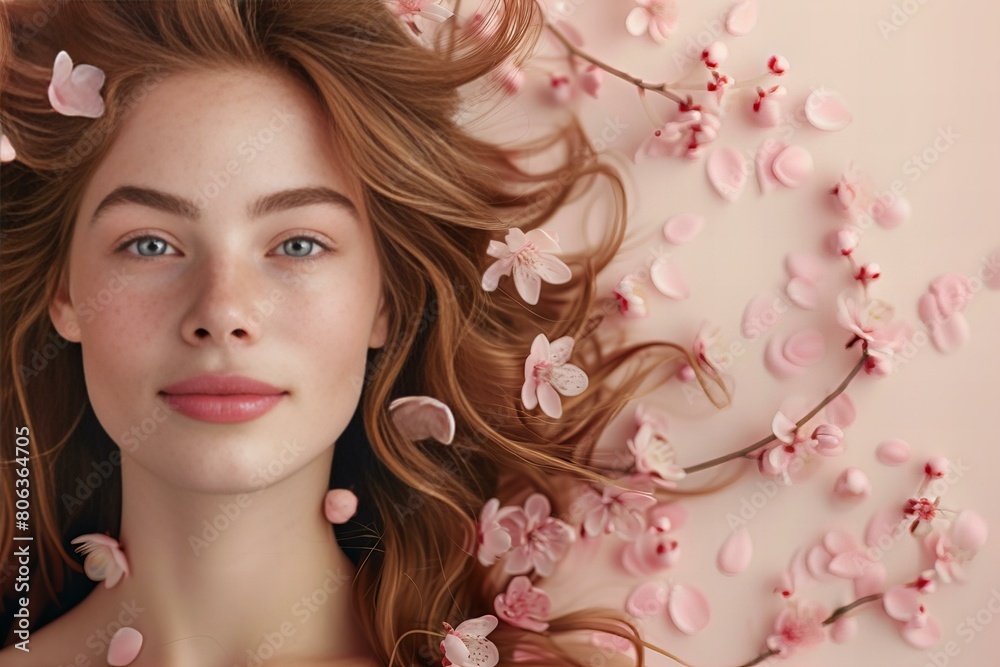 Elegant Young Woman Surrounded by Cherry Blossoms in Bloom Elegant Young Woman Surrounded by Cherry Blossoms in Bloom