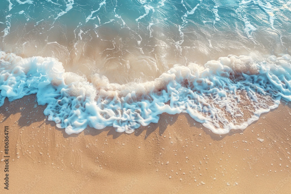 Electric blue waves crashing on sandy shore from an aerial view