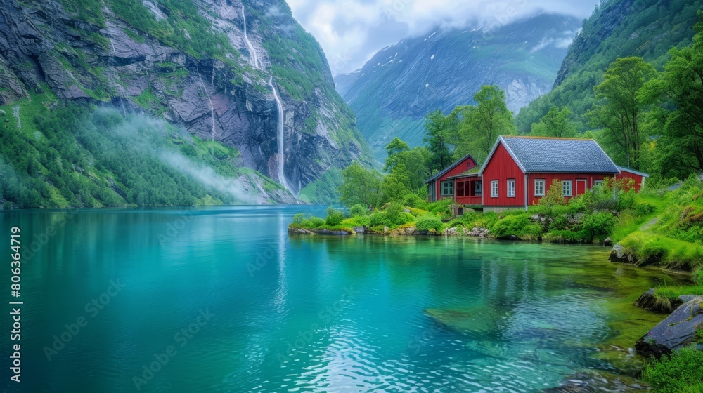 Beautiful nature scene with greenery, blue lake and red house in the background, in Norway. generated with AI