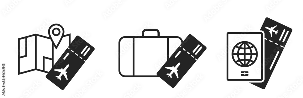 air travel icons. map, luggage, passport and flight ticket. journey and vacation symbols. isolated vector images for tourism design