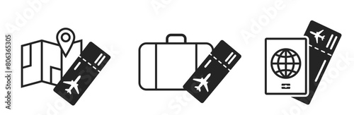 air travel icons. map, luggage, passport and flight ticket. journey and vacation symbols. isolated vector images for tourism design