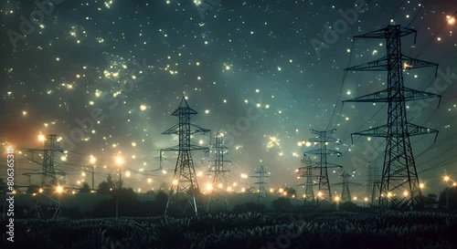 Power Transmission Lines with 3D Digital Visualization of Electricity. Scenic Moving Timelapse Footage with Night Sky Full of Stars. Concept of Renewable Green Energy and Ecological Environment  photo
