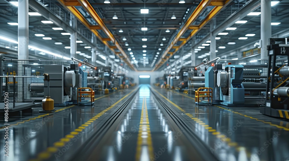 Detailed 3D render of a modern factory floor with high tech machinery under soft lights. Detailed 3D render of a modern factory floor with high tech machinery under soft lights.