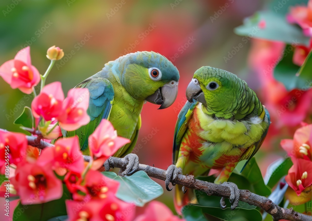 Obraz premium close up a Parrot on branch of the flower, generated with AI