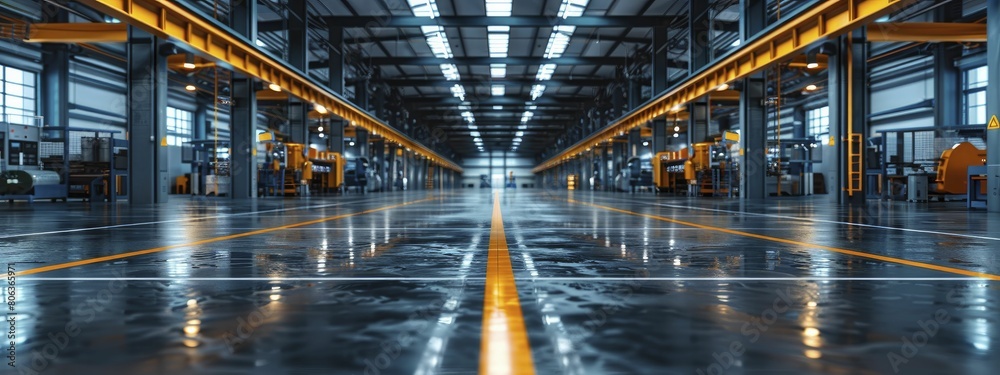 Expansive, sleek factory floor featuring modern automation technology in soft light. Expansive, sleek factory floor featuring modern automation technology in soft light.