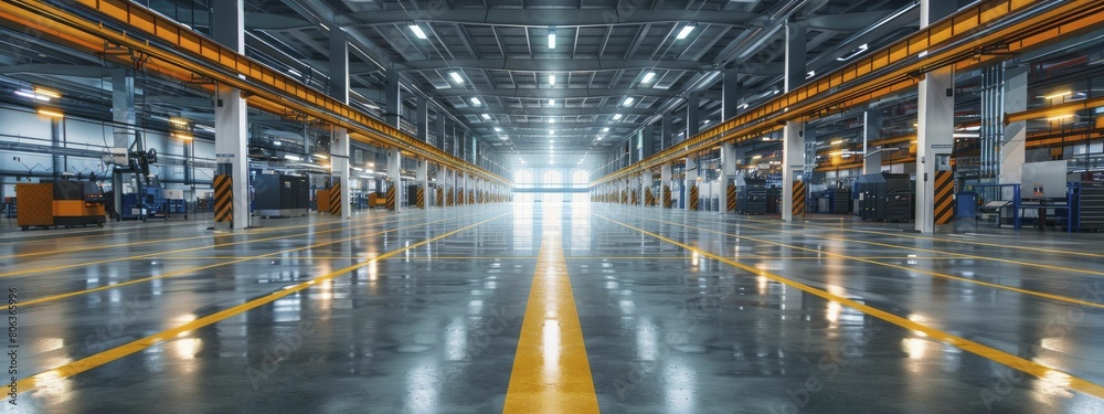 The soft glow of modern automation technology illuminates the expansive, sleek factory floor. The soft glow of modern automation technology illuminates the expansive, sleek factory floor.