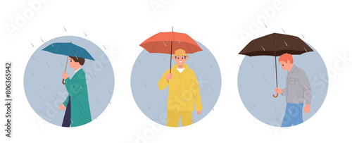 People cartoon characters with umbrella feeling different emotion isolated round composition