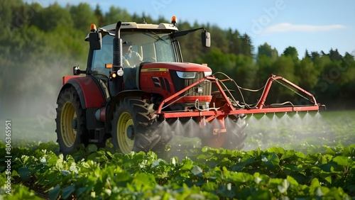 Efficiently protecting crops: Tractor sprays pesticide on field to combat pests. Concept Crop Protection, Pesticide Application, Tractor Spraying, Pest Control, Agricultural Practices