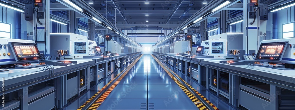 High tech assembly line in a modern factory, detailed in vector style for promotional use. High tech assembly line in a modern factory, detailed in vector style for promotional use.