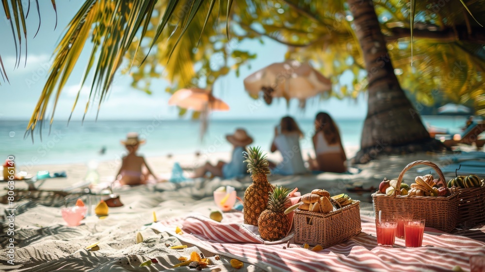 A sunny beachscape with people relaxing under palm trees and a picnic setup in the foreground It conveys a sense of leisure, vacation, and tropical paradise A sunny beachscape with people relaxing under palm trees and a picnic setup in the foreground It conveys a sense of leisure, vacation, and tropical paradise