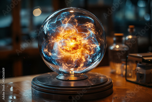 miniature sun incorporated in a heat-resistant glass vessel, fantastic scientific renewable energy concept photo