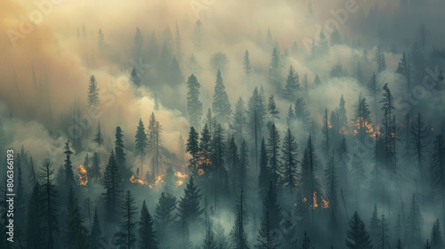 Forest engulfed in wildfire smoke and fire photo
