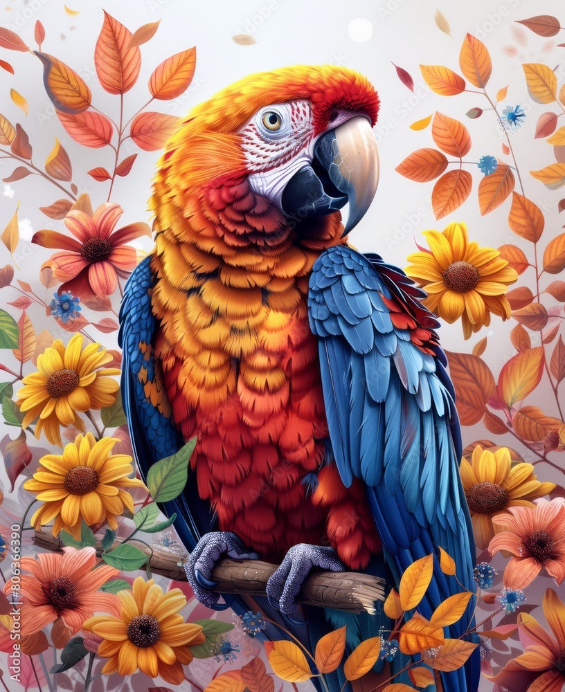 Obraz premium colorful Scarlet Macaw with a lot of flowers outline only hand drawing art style, generated with AI
