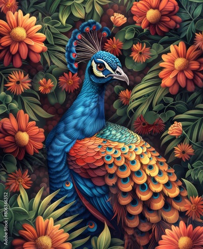 Colorful peacock with alot of flowers outline only hand drawing art style , generated with ai photo