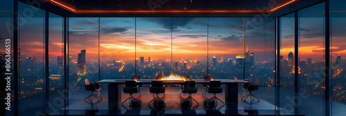A Modern Conference Room with a Long Table, Chair,
Large conference table room view city paler millions glass walled dream sequence apprentice towering
 photo