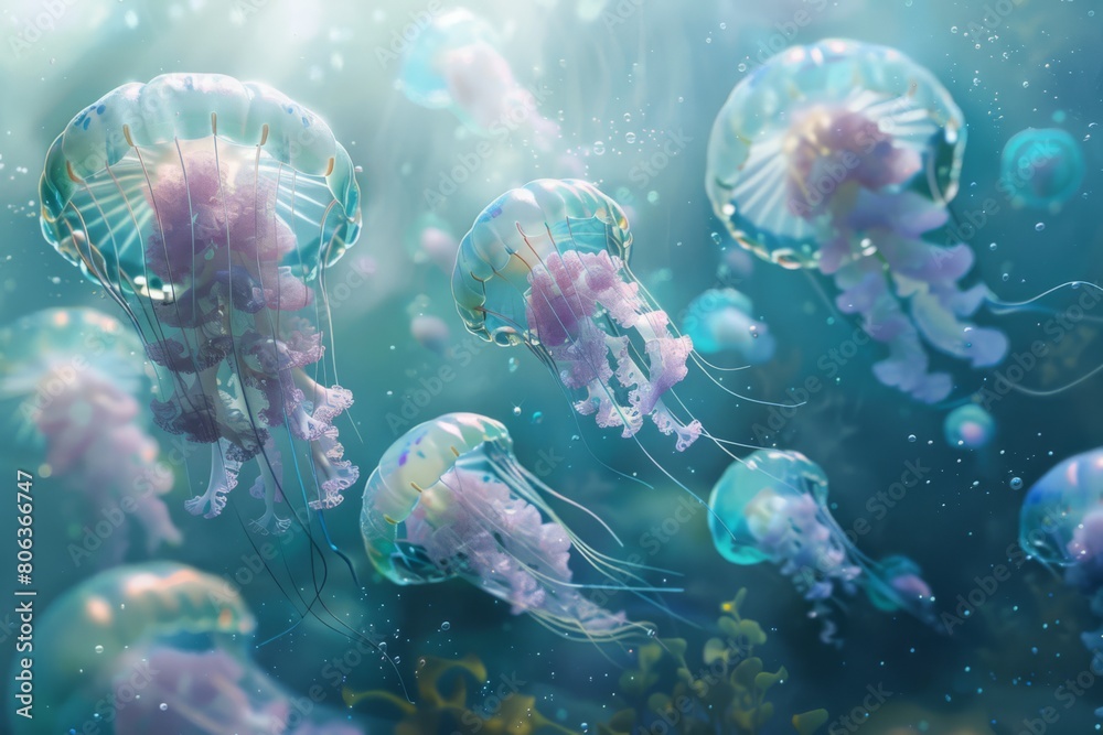 Jellyfishes float gracefully through the ocean, translucent bodies, generated with AI Jellyfishes float gracefully through the ocean, translucent bodies, generated with AI