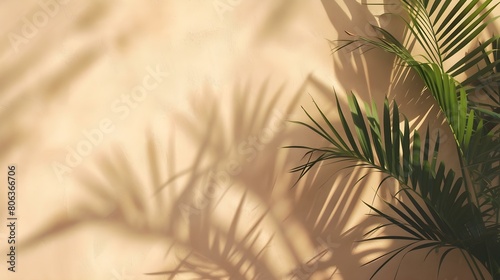 Shadows of Tropical Plants on a beige Plaster Wall. Exotic Background for Product Presentation