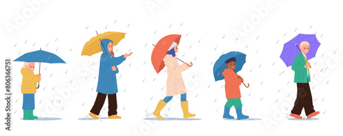 People cartoon characters of different ages walking with umbrellas under rainfall isolated set