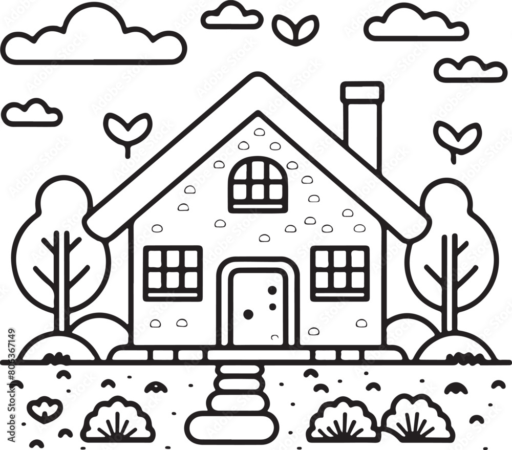 Fototapeta premium Beautiful House coloring page illustration home coloring page for kids, coloring book