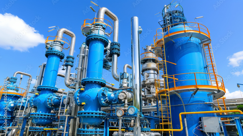 A blue and orange industrial plant with many pipes and valves