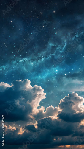 Topaz Azure Ethereal Sky with Billowing Clouds and Sparkling Stars Phone Background Wallpaper.
