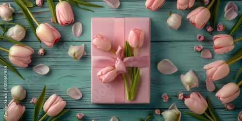 Wunderschöne Geschenke Box zum Muttertag und Valentinstag in pink mit Blumen in rosa im Querformat für Banner photo