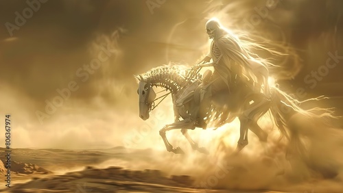A spectral rider on a skeletal horse gallops through a dusty landscape. Concept Ghosts, Spooky Scene, Skeleton Horse, Dusty Landscape, Spectral Rider photo