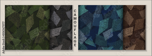 Seamless camouflage patterns with random scattered overlapping tulle pieces, patches. Mesh structure. Random composition. For apparel, fabric, textile, sport goods Grunge texture