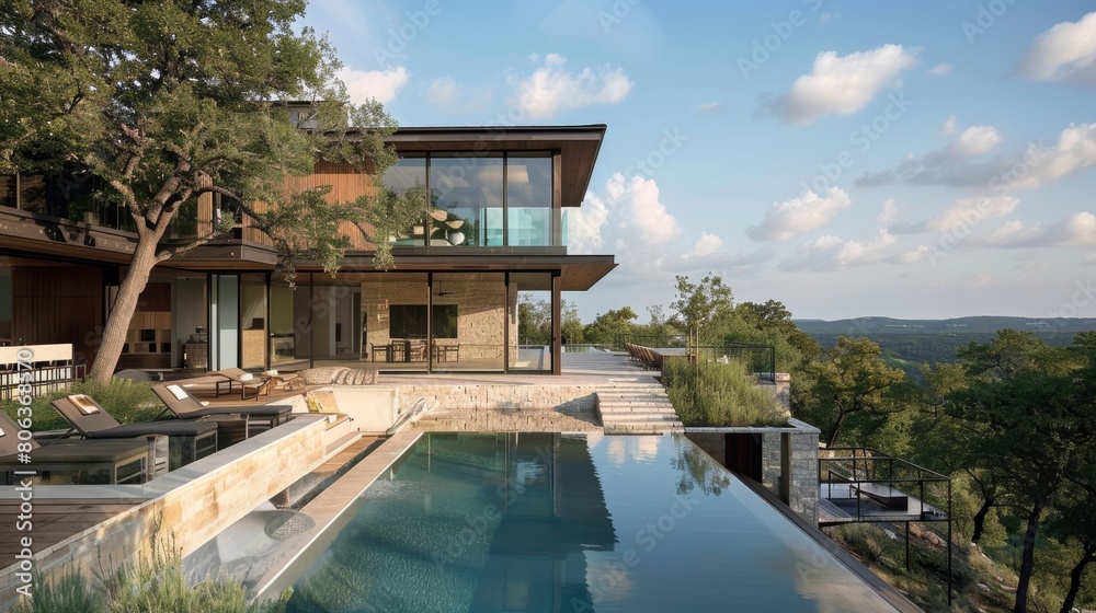 Fototapeta premium An expansive luxury home with reflective glass windows overlooking an infinity pool with a breathtaking forest in the background